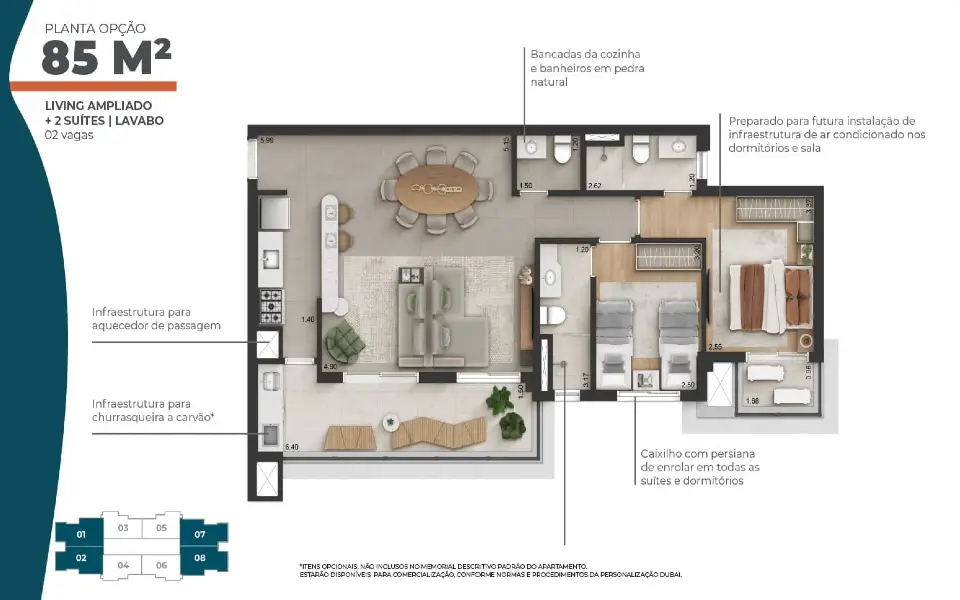 Planta living ampliado 85 m² · 2 suítes · lavabo
