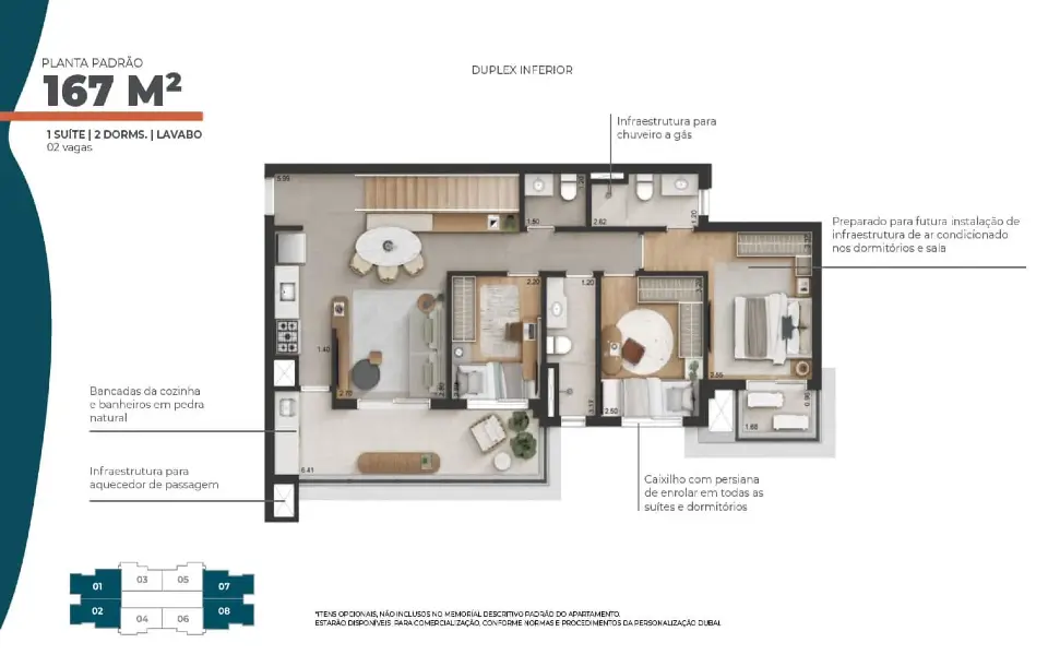 Duplex 167 m² · piso inferior · 1 suíte + 2 dorms · lavabo