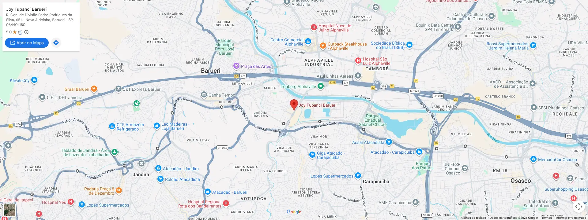 Prévia do Google Maps com o stand de vendas do Joy Barueri — clique para interagir